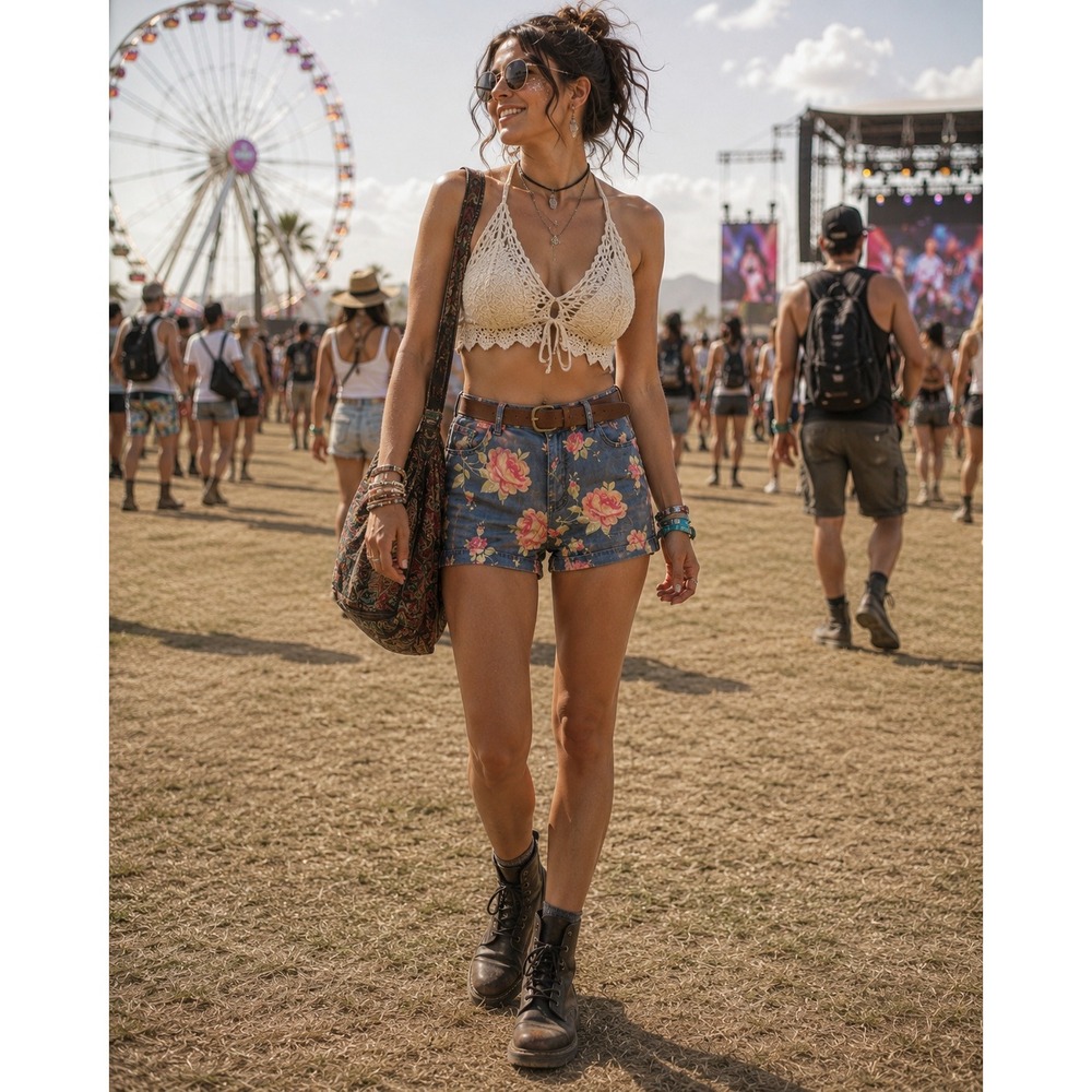 Boho Festival Cottage Coastal Summer Blue Pink‎ Floral Roses Junior 13 Shorts
